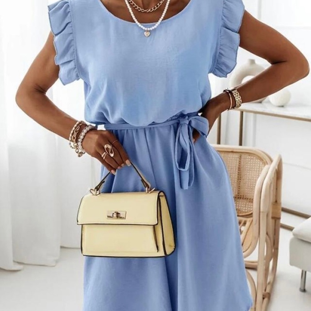 Flutter sleeve casual blue dress
